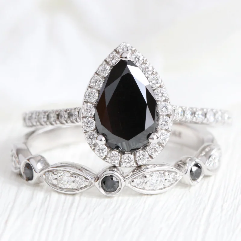 Luna Halo Pear Black Diamond Ring Set w/ Bezel Black and White Diamond Band