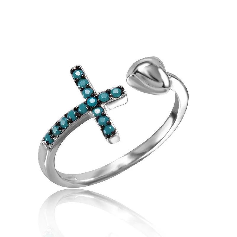 Silver 925 Rhodium Plated Cross And Heart Ring with Synthetic Turquoise Stones - STR01053