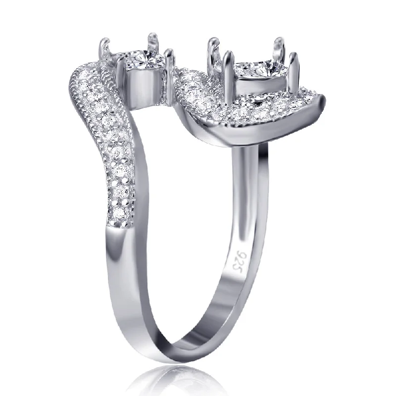 Silver 925 Rhodium Plated Wave CZ Mounting Ring - BGR00812