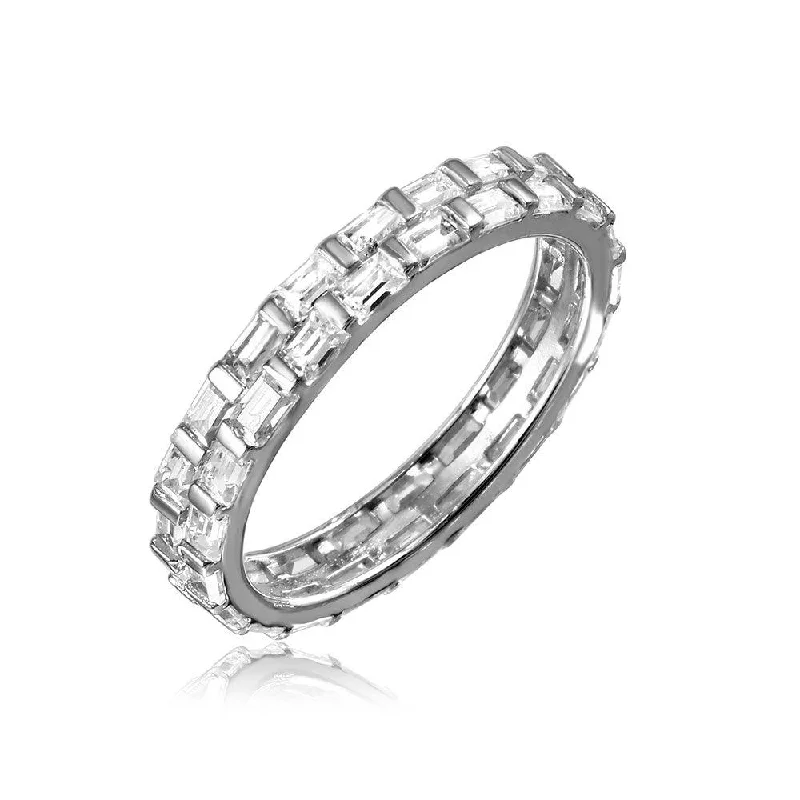 Silver 925 Rhodium Plated Baguette CZ Double Band - GMR00106