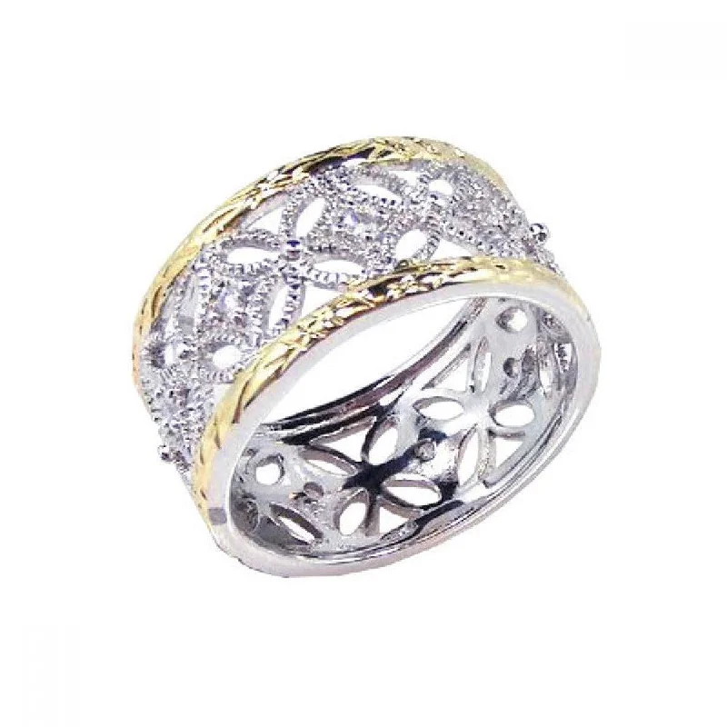 Silver 925 Rhodium and Gold Plated Border CZ Flower Ring - STR00330