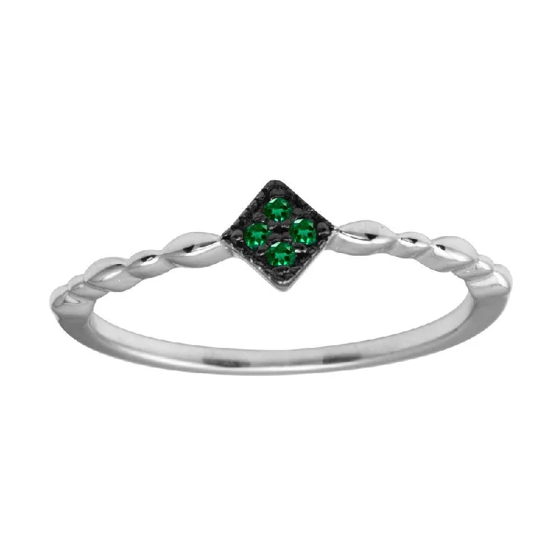 Rhodium Plated 925 Sterling Silver Diamond Shape 4 Green CZ Ring - BGR01226GRN