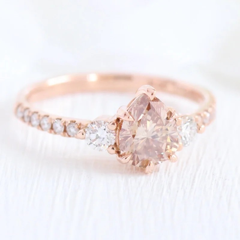 1.29 Ct Pear Champagne Diamond Ring in 14k Rose Gold 3 Stone Pave Band, Size 6.5