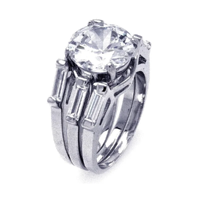 Silver 925 Rhodium Plated Single Round Center CZ 3 Row Bridal Ring - BGR00235