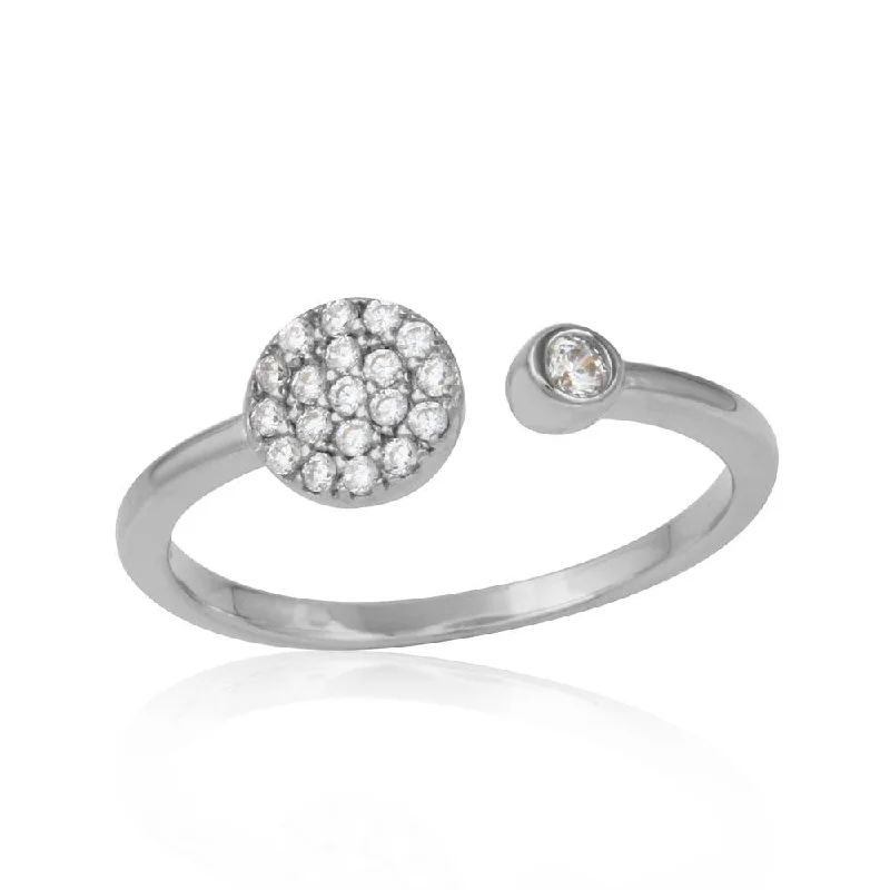 Rhodium Plated 925 Sterling Silver Open Ring with Round CZ and CZ Circle - BGR01118RH