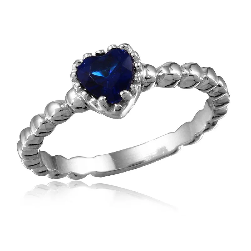 Silver 925 Rhodium Plated Beaded Band Blue Heart Center Stone Ring - BGR01052BLUE