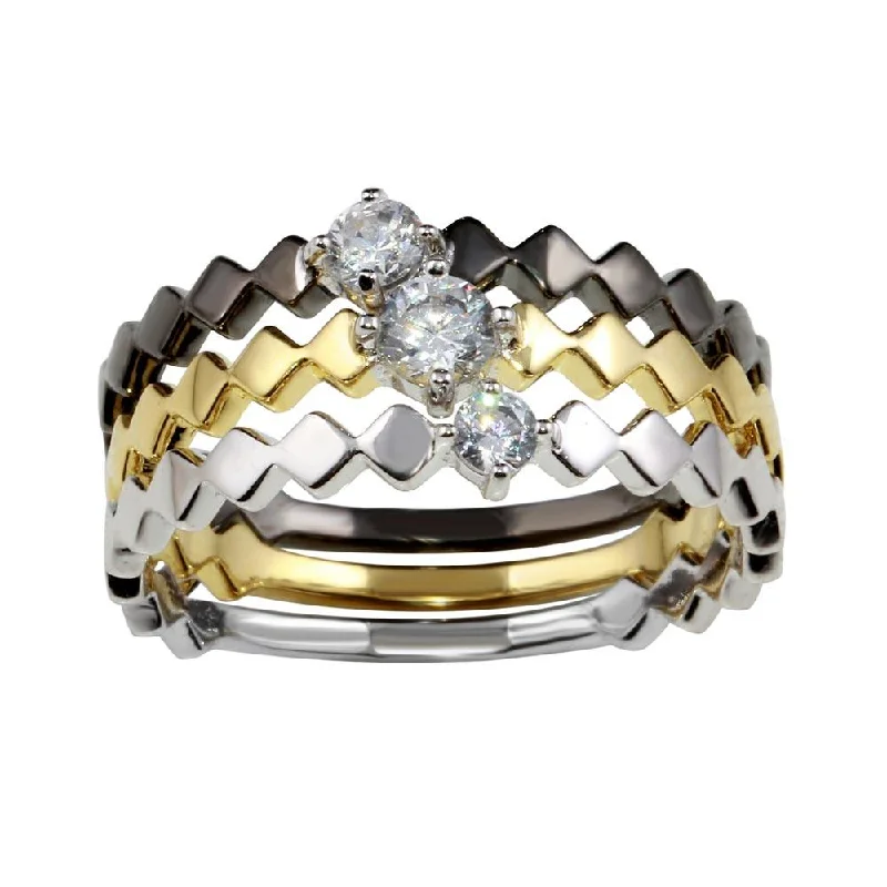 Three-Tone 925 Sterling Silver Stackable Ring Set with CZ - BGR01171