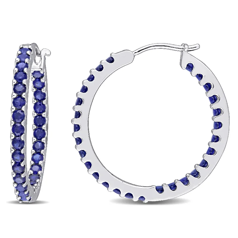 Miadora 10k White Gold Created Blue Sapphire Inside Outside Hoop Earrings - 25.5 mm x 2.4 mm x 25.4 mm