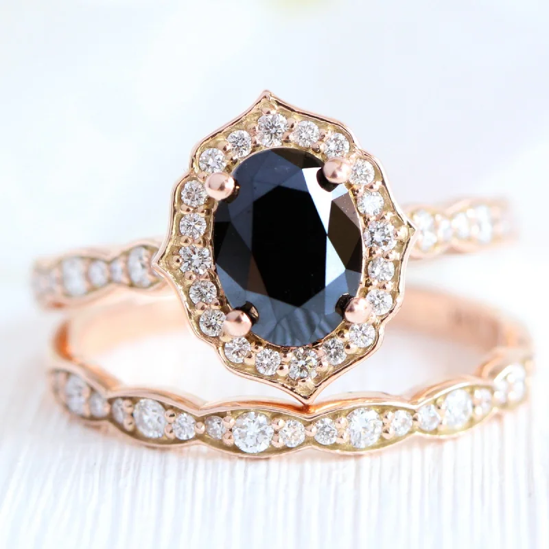 Vintage Floral Black Diamond Ring Set w/ Oval Diamond and Matching Wedding Band