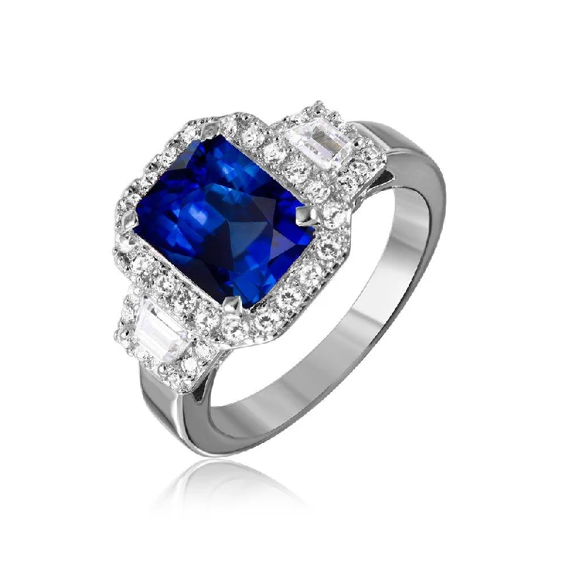 Silver 925 Rhodium Plated Sapphire Emerald Cut Center CZ Stone Ring - GMR00101S