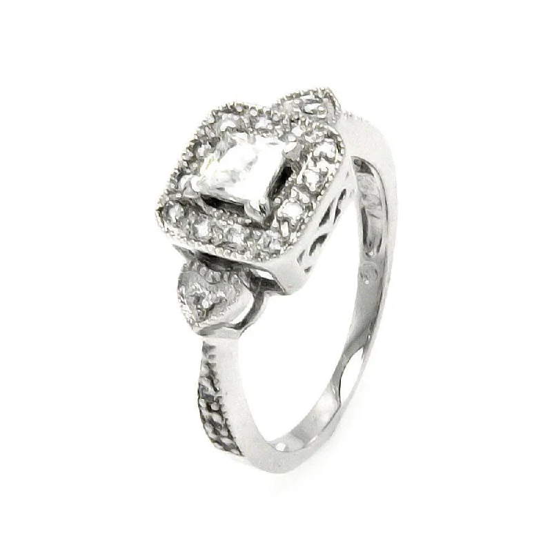 Silver 925 Rhodium Plated Clear Cluster CZ Square Heart Bridal Ring - BGR00470