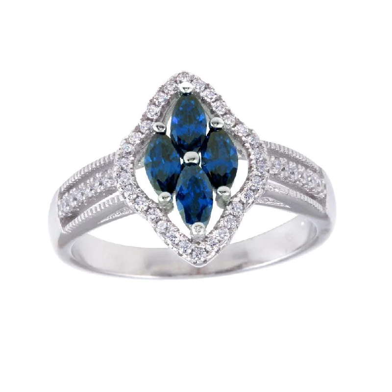 Rhodium Plated 925 Sterling Silver 4 Blue Marquise Center CZ Ring - BGR01253BLU