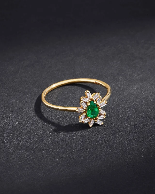 One of a Kind Pear Shaped Emerald and Baguette Diamond Ring