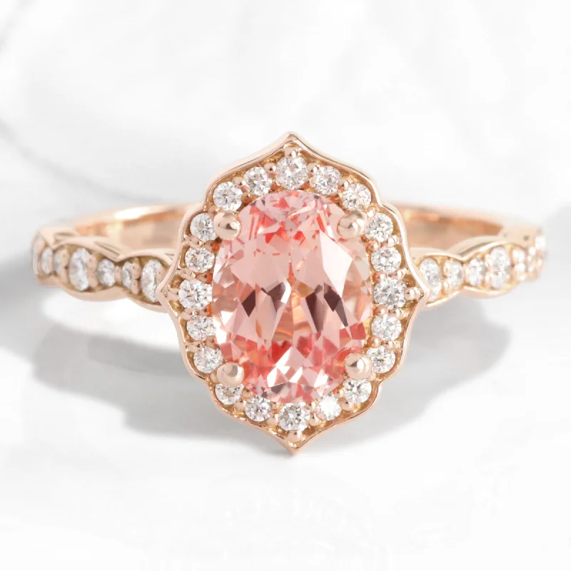 Oval Peach Sapphire Diamond Ring in 14k Rose Gold Vintage Floral Band Size 6.25