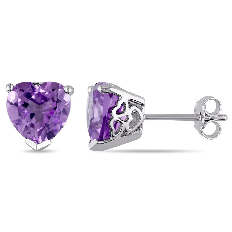 Miadora Sterling Silver Heart Brazilian-Amethyst Solitaire Stud Earrings