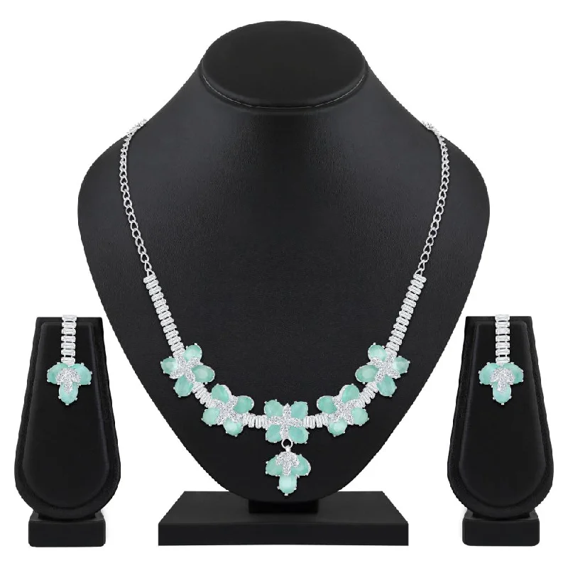 Mahi Rhodium Plated Light Green and White Cubic Zirconia (CZ) Floral Women's Necklace Set (NL1103838R)