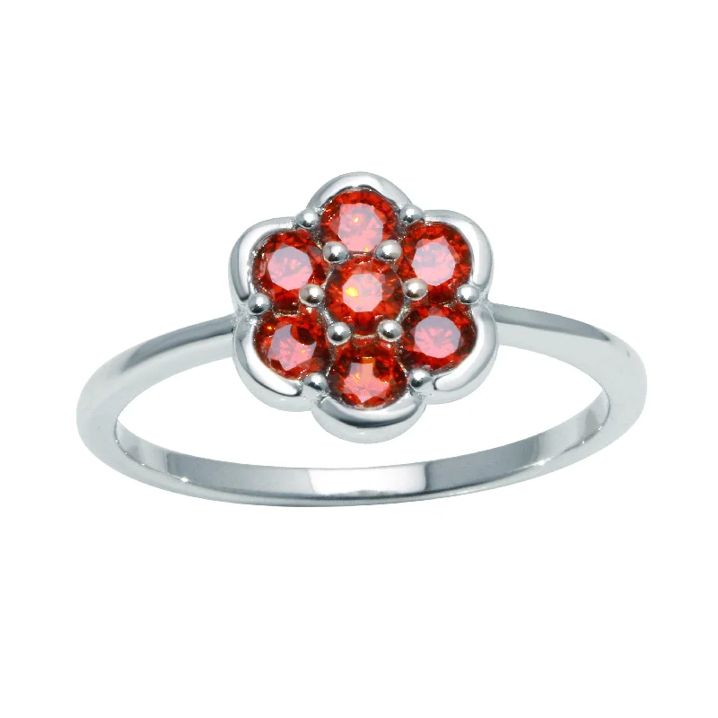 Rhodium Plated 925 Sterling Silver Flower Ring with Red CZ - BGR01152RED