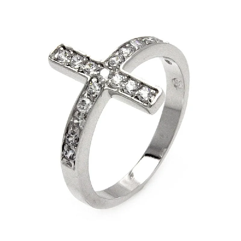 Silver 925 Rhodium Plated Clear Pave Set CZ Cross Ring - BGR00536