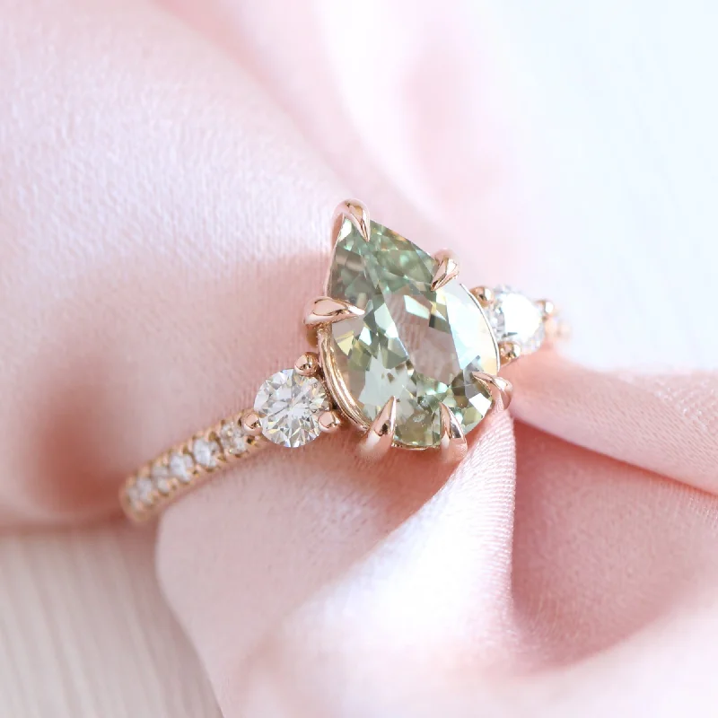 2.03 Ct. Pear Sea Foam Green Sapphire Ring in 14k Rose Gold 3 Stone Diamond Ring, Size 6.5