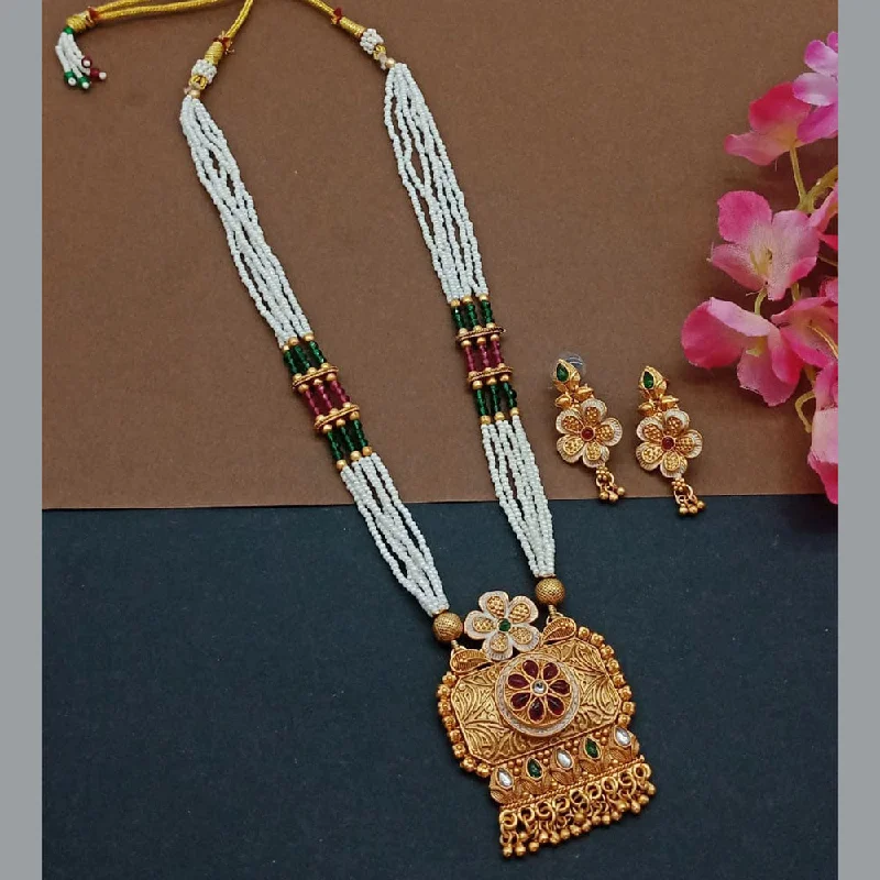 India Art Gold Plated Pota Stone And Pearl Long Necklace Set