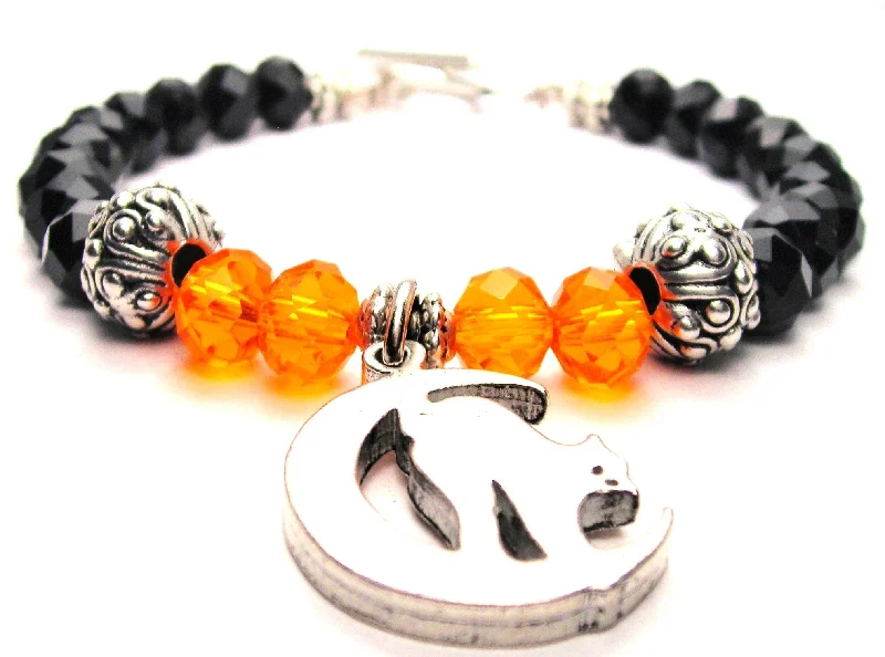 Cat On Moon Black And Pumpkin Orange Halloween Crystal Beaded Toggle Style Bracelet