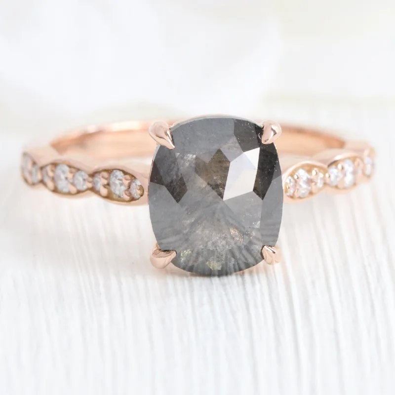 2 Ct. Dark Salt and Pepper Diamond Ring in 14k Rose Gold Solitaire Scalloped Band, 6.75