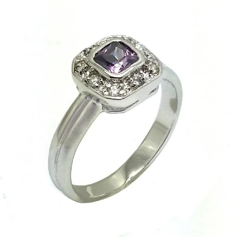 Silver 925 Rhodium Plated Purple Center Clear Cluster CZ Bridal Engagement Ring - BGR00861