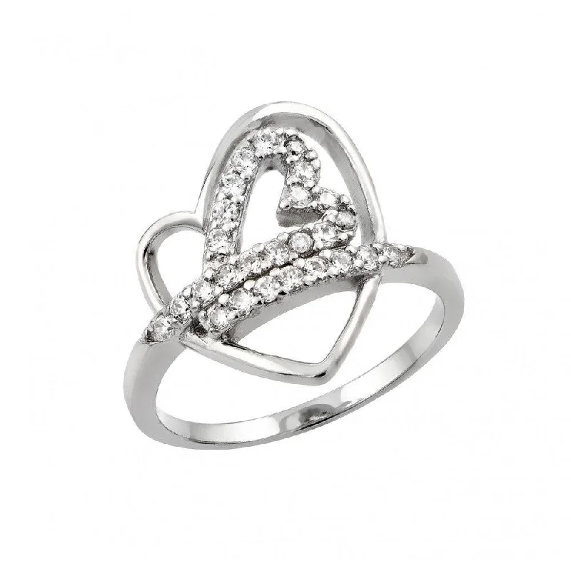 Silver 925 Rhodium Plated Clear CZ Inlay Open Heart Ring - STR00970