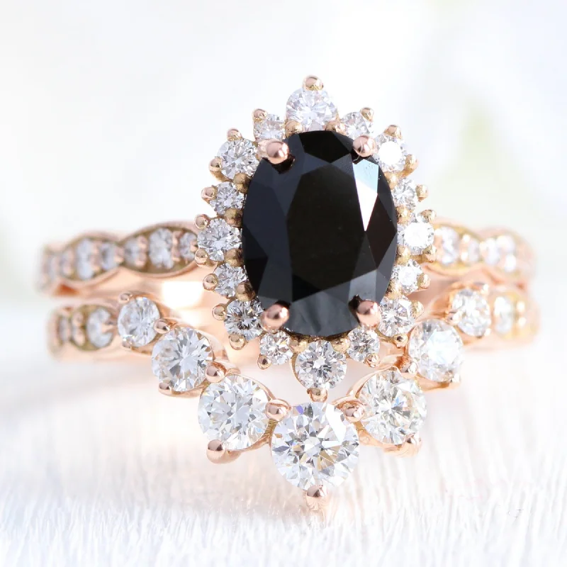 Tiara Halo Oval Black Diamond Ring Set w/ Large 7 Diamond Curved Scalloped Band