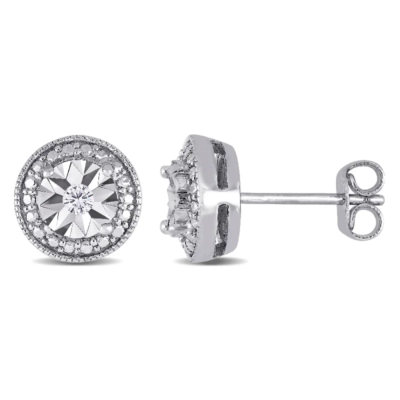 Miadora Sterling Silver Diamond Round Halo Stud Earrings - White H-I