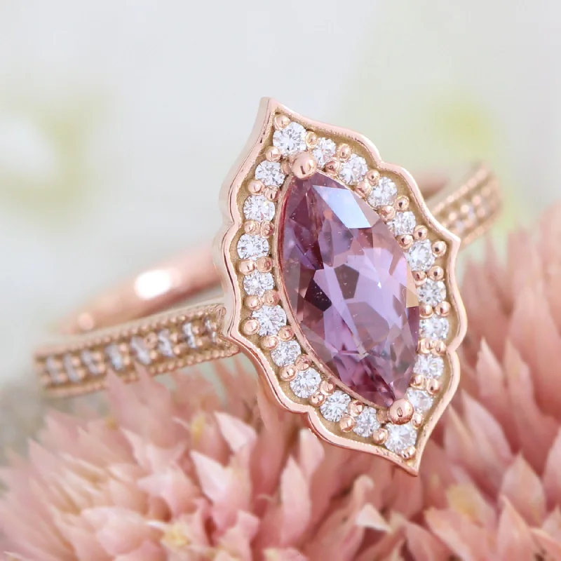 Marquise Purplish Pink Sapphire Ring in 14k Rose Gold Vintage Floral Diamond Ring, Size 6.25