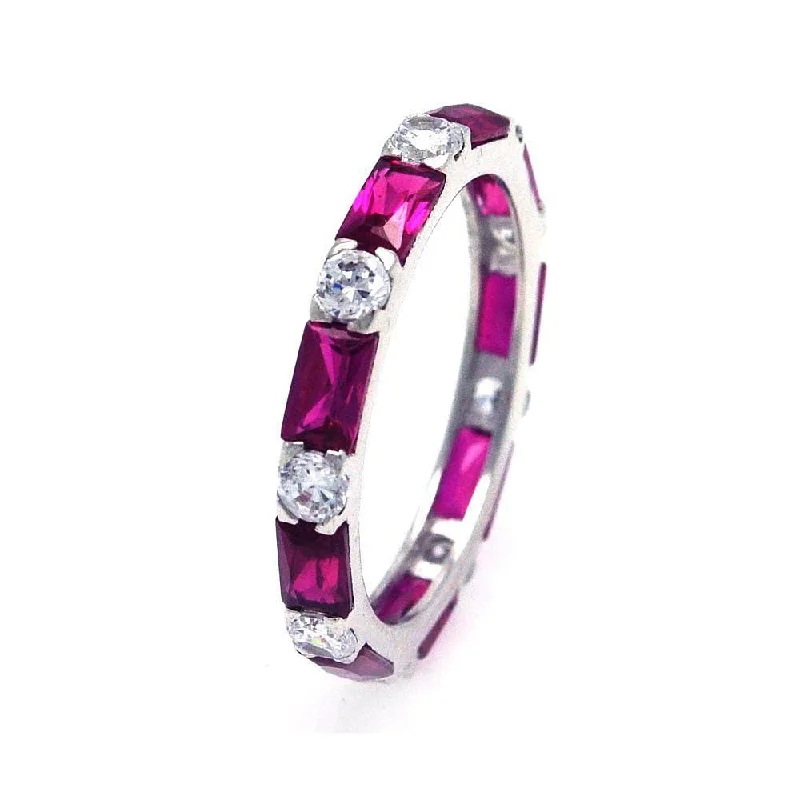 Silver 925 Rhodium Plated Red Baguette Clear CZ Eternity Ring - STR00516RED