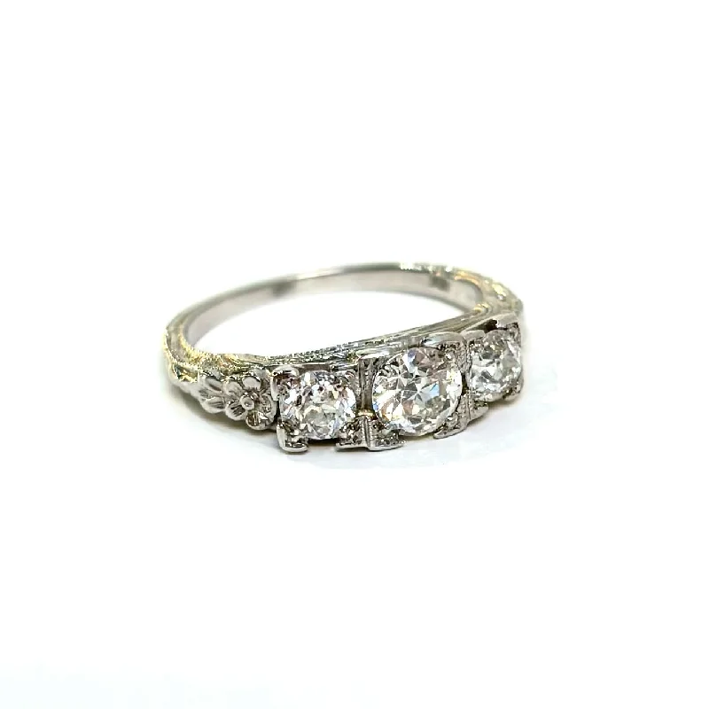 Floral Three Stone Diamond Ring .85 ct - Circa 1920