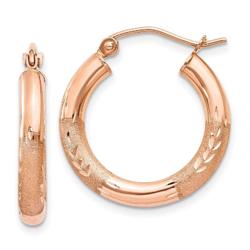 Curata 14k Rose Gold Satin Diamond Cut3mm Round Tube Hoop Earrings