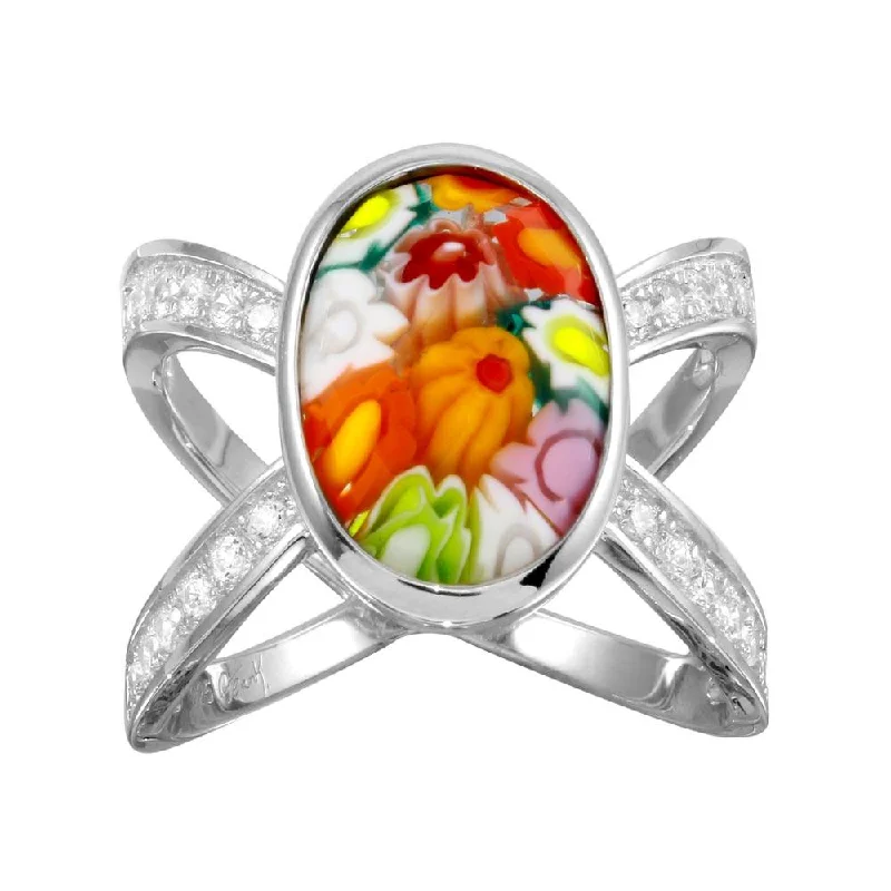 Rhodium Plated 925 Sterling Silver Open Shank Oval Shape Murano Glass CZ Ring - MR00006