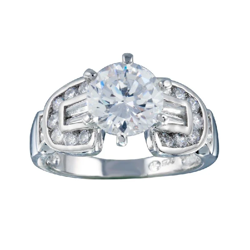 Rhodium Plated 925 Sterling Silver Clear Round Center CZ Bridal Ring - BGR00280