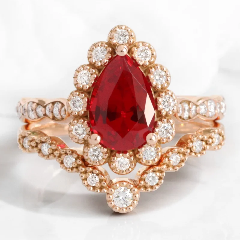 Pear Ruby Diamond Ring Bridal Set w/ Milgrain Wedding Band in Vintage Luna Halo