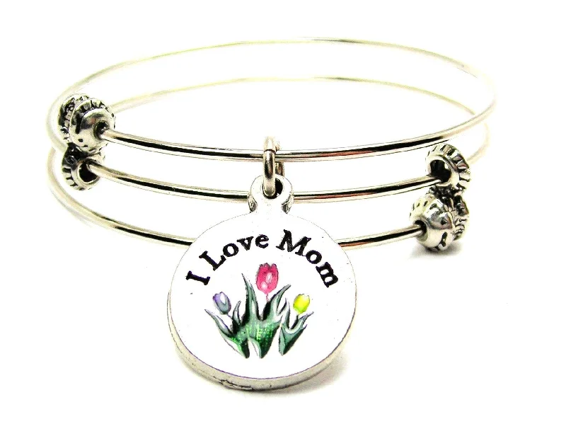 I Love Mom With Hand Painted Tulips Triple Style Expandable Bangle Bracelet