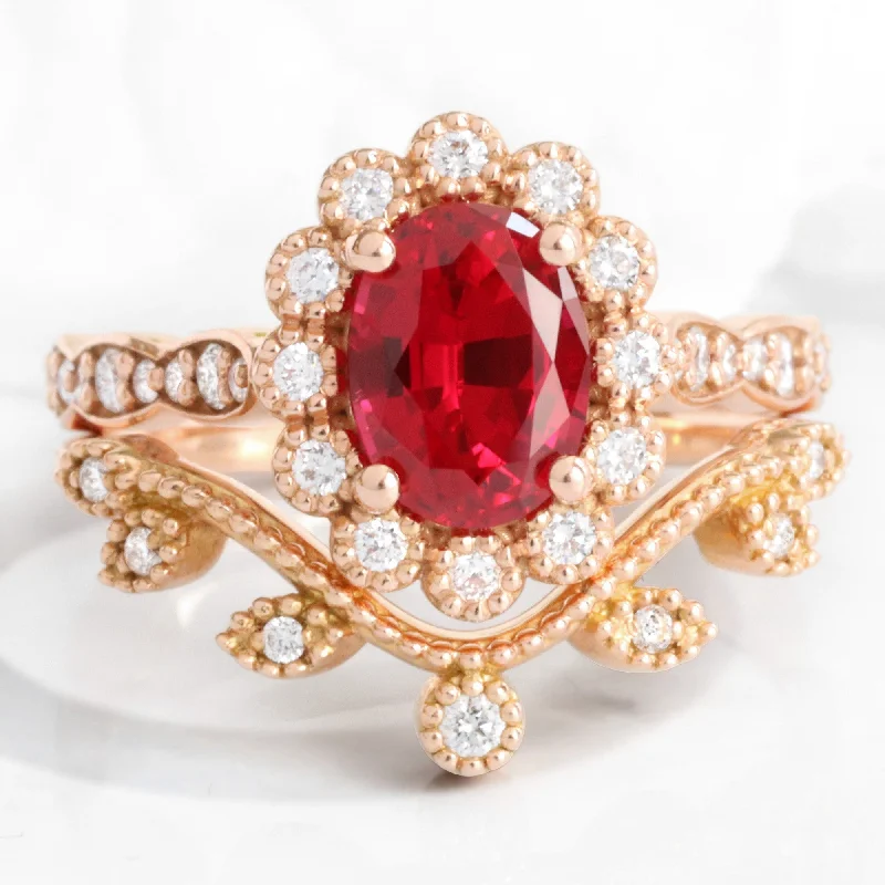 Oval Ruby Diamond Ring Bridal Set w/ Leaf Wedding Band in Vintage Luna Halo