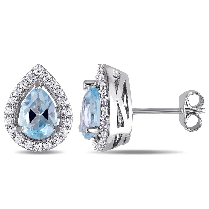 Miadora Sterling Silver Pear-cut Blue Topaz and Created White Sapphire Halo Teardrop Stud Earrings