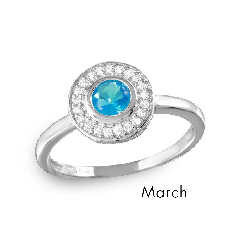 March Sterling Silver 925 Rhodium Plated CZ Center Birthstone Halo Ring - BGR01082MAR