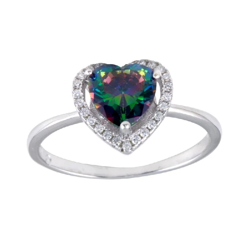 Rhodium Plated 925 Sterling Silver Heart Synthetic Mystic Topaz CZ Ring - BGR01250