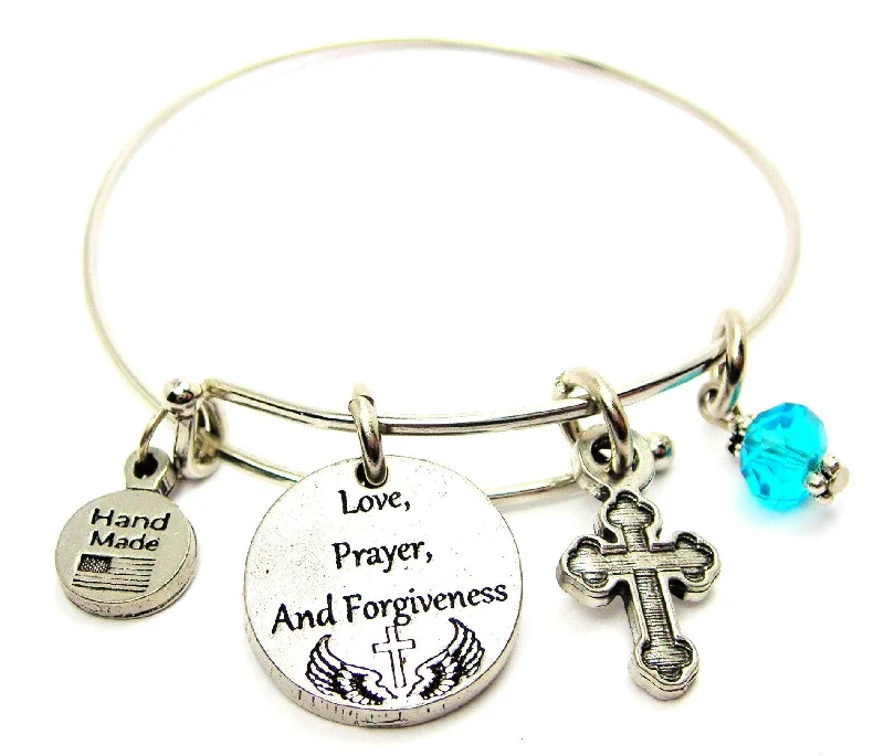 Love, Prayer, And Forgiveness With Engraved Catholic Cross Expandable Bangle Bracelet