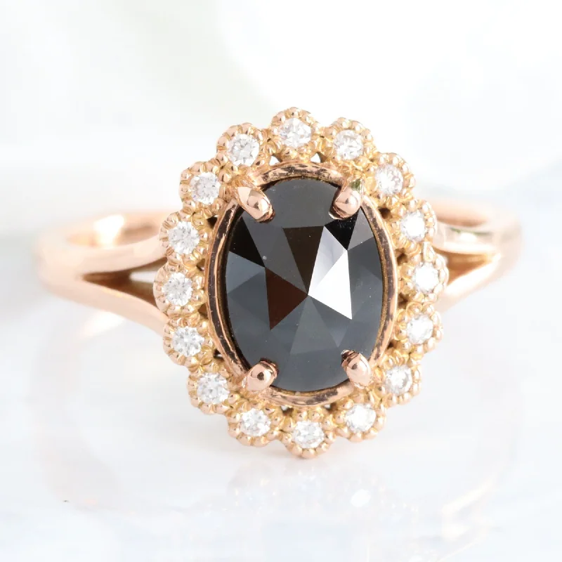 Oval Rose Cut Black Diamond Ring in 14k Rose Gold Vintage Halo Band, Size 6