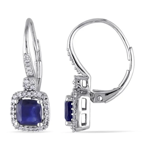 Miadora Signature Collection 10k White Gold Sapphire and 1/5ct TDW Diamond Birthstone Square Halo Leverback Earrings