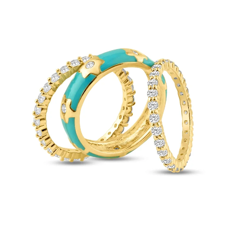 Silver 925 Gold Plated Blue Enamel CZ Flower Stackable Ring Set - STR00554