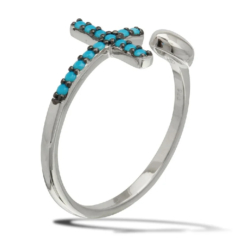 Rhodium Plated 925 Sterling Silver Heart and Cross Open Ring with Turquoise Beads - BGR01086