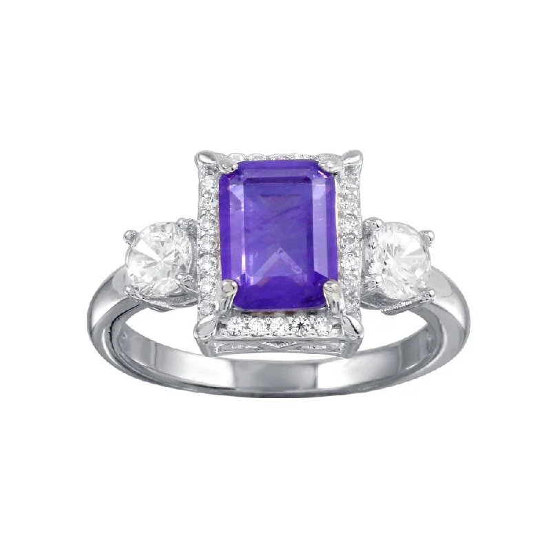 Rhodium Plated 925 Sterling Silver Purple Center Halo CZ Ring - BGR01270