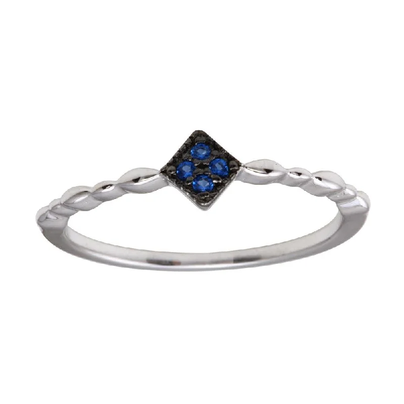 Rhodium Plated 925 Sterling Silver Diamond Shape 4 Blue CZ Ring - BGR01226BLU