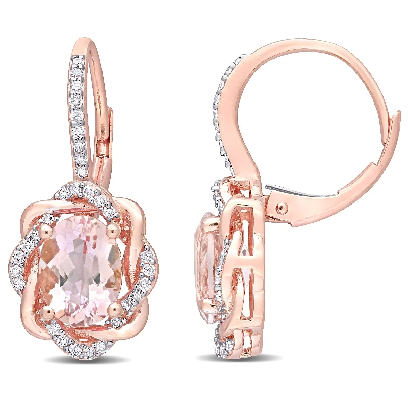 Miadora 10k Rose Gold Morganite and 1/4ct TDW Diamond Swirl Halo Leverback Earrings - 24mm x 11mm x 13.5mm